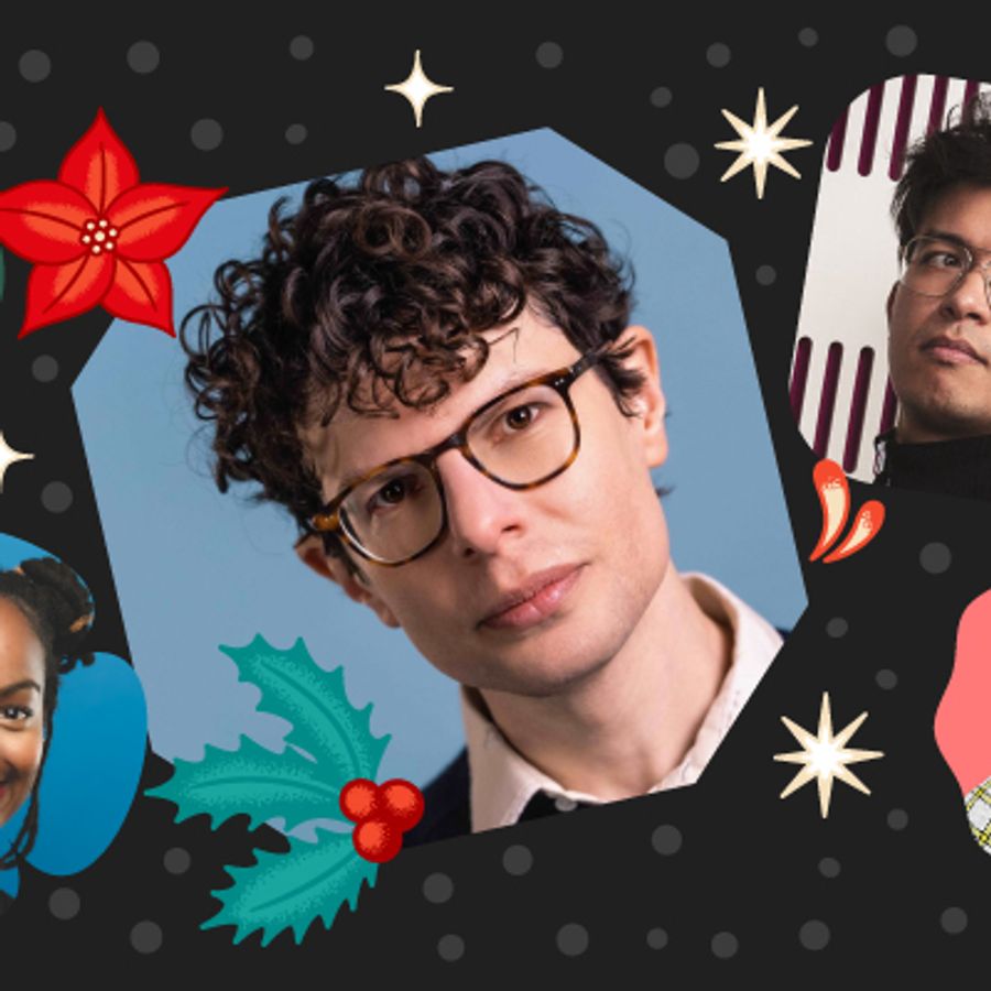 A colourful collage of people, highlighting a Christmas event with Simon Amstell and more
