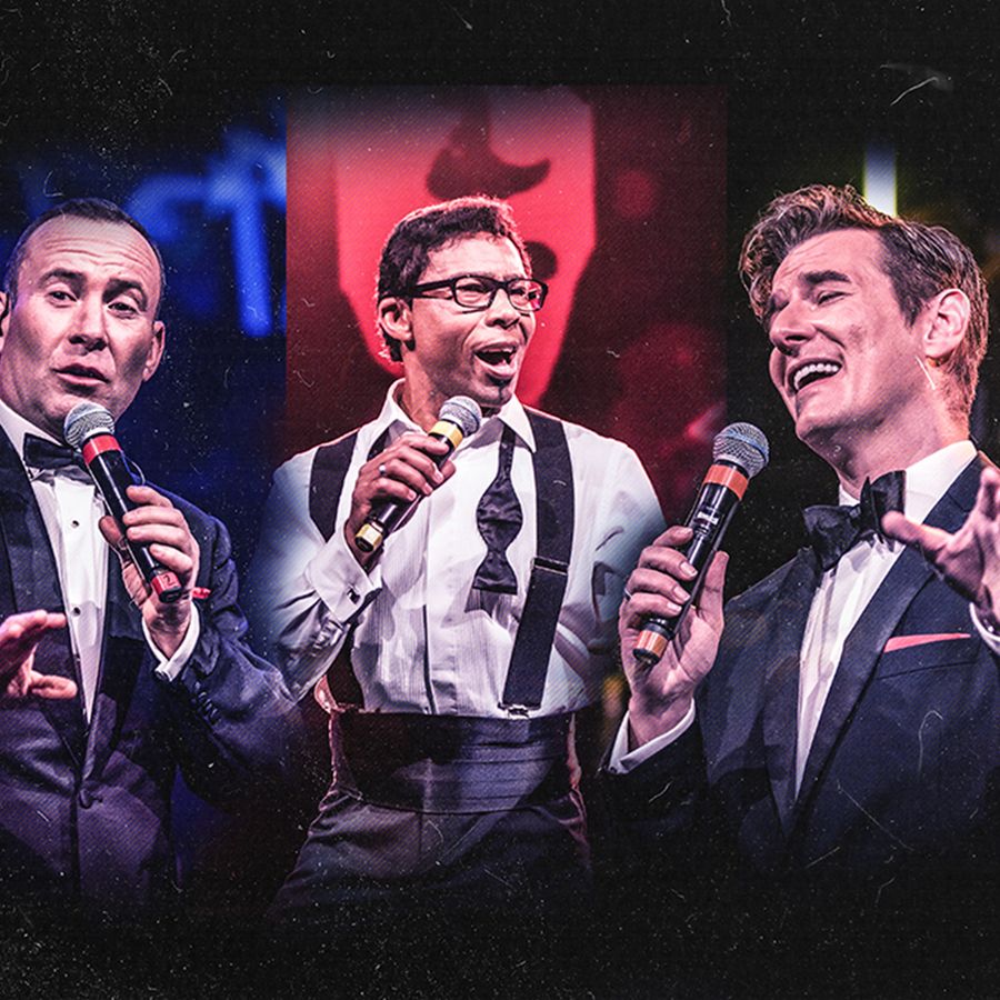 Three men in tuxedos passionately singing into microphones, tributes to Frank Sinatra, Dean Martin and Sammy Davis Jnr