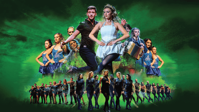 Colorful poster of an Irish dance show, highlighting dancers in motion, celebrating the art of traditional Irish dance