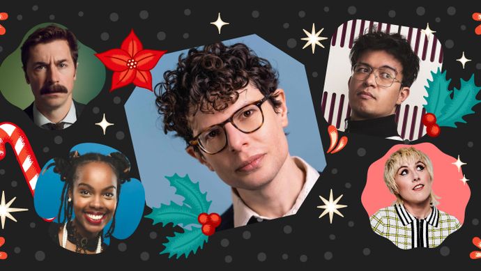 A colourful collage of people, highlighting a Christmas event with Simon Amstell and more